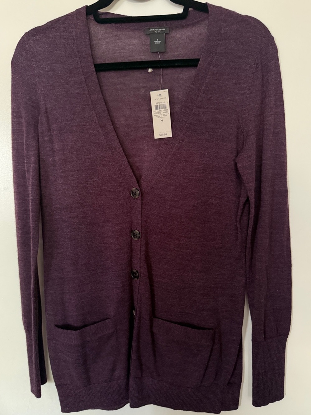 Ann Taylor Plum Button-Front V-Neck Cardigan